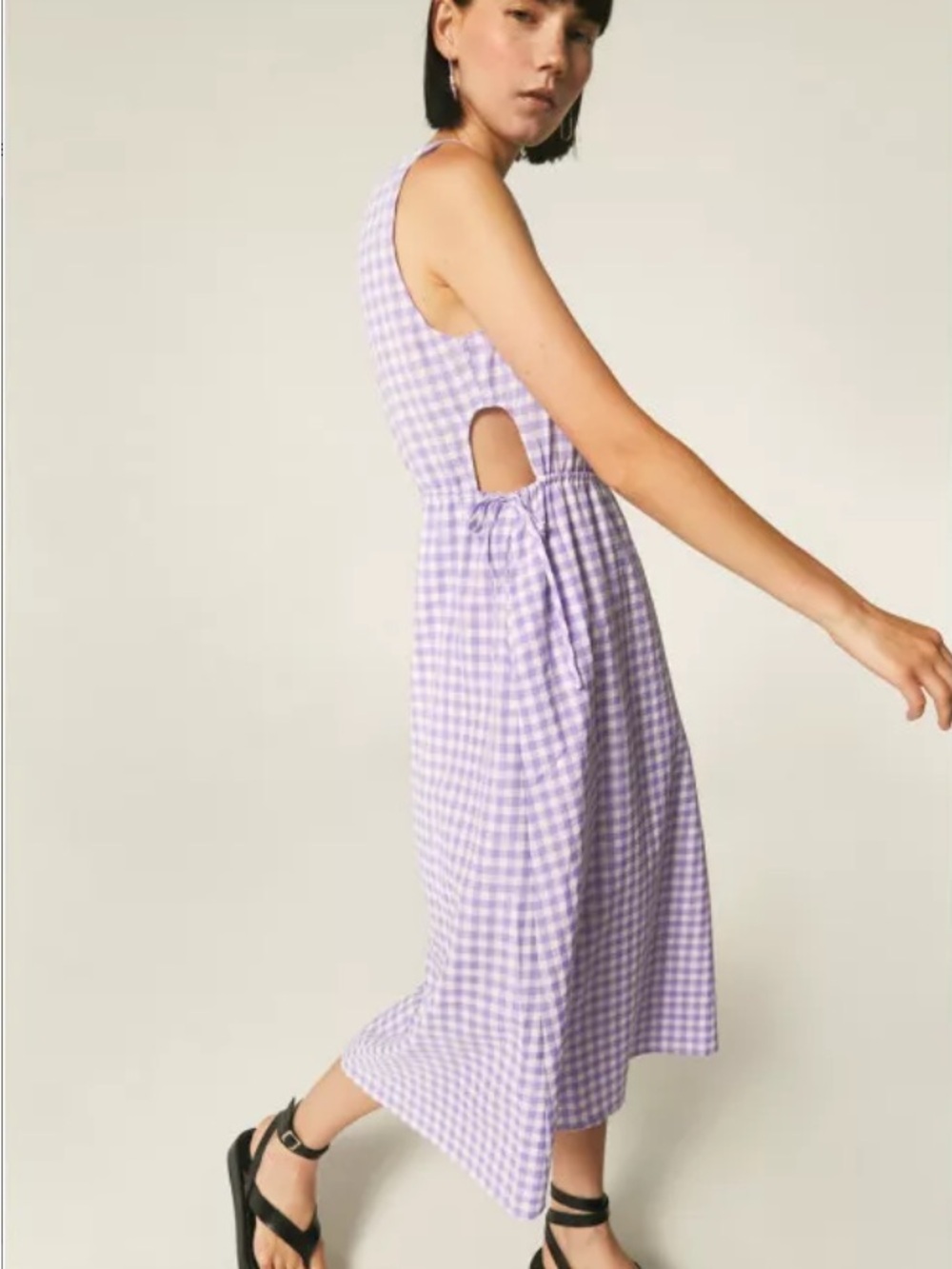 Sleeveless Lavender Gingham Tie-Waist Midi Dress 🧺🫧 - Picture 2 of 8